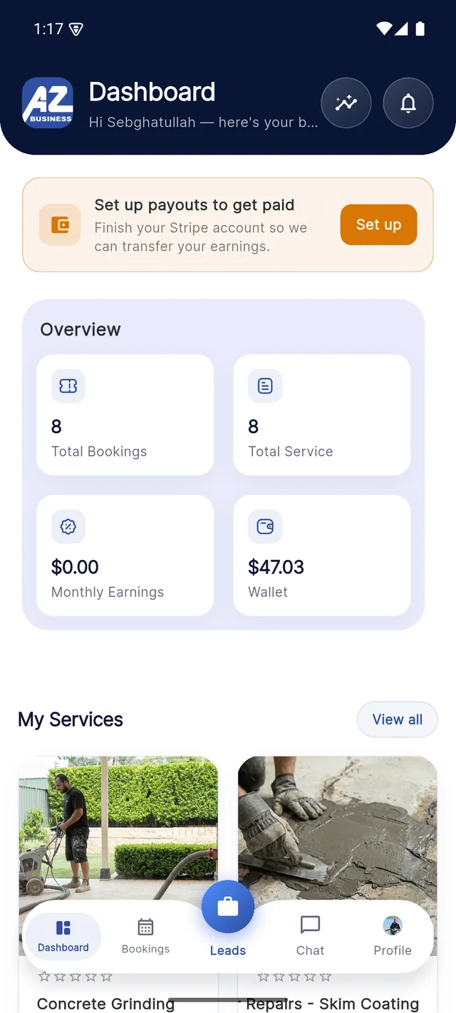 AZ Business app provider dashboard showing bookings, services and earnings overview