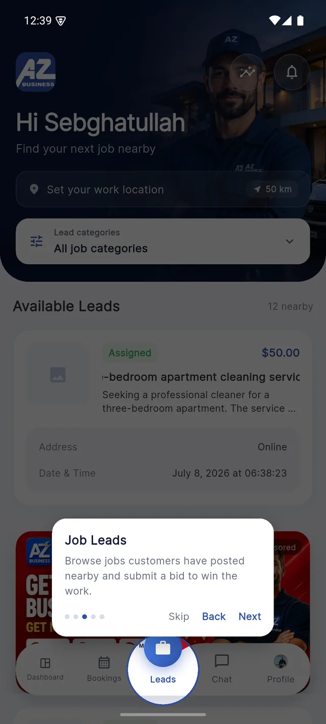 AZ Business app guided tour spotlighting the Leads tab with an explanation tooltip