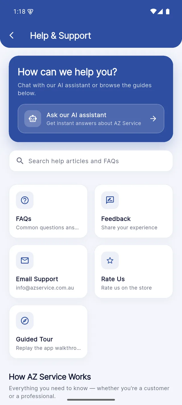 AZ Business app Help and Support screen with AI assistant, search bar and quick actions