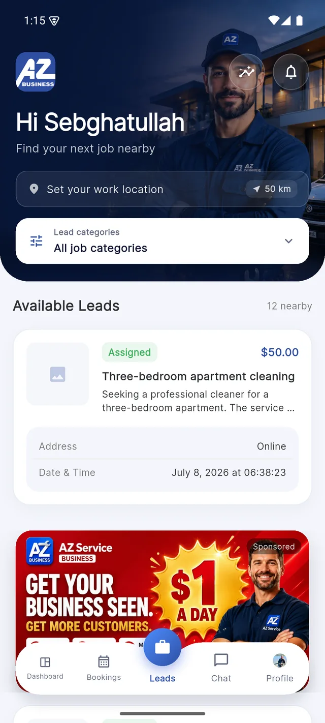 AZ Business app Leads tab listing nearby customer-posted jobs with prices